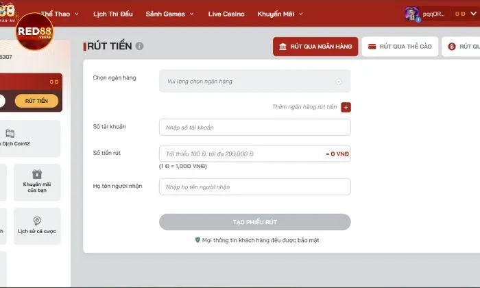 Hướng dẫn các bước rút tiền Red88 chi tiết